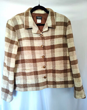 Formula Beige Brown Plaid Lined Button Front Jacket Pockets Long Sleeve 14